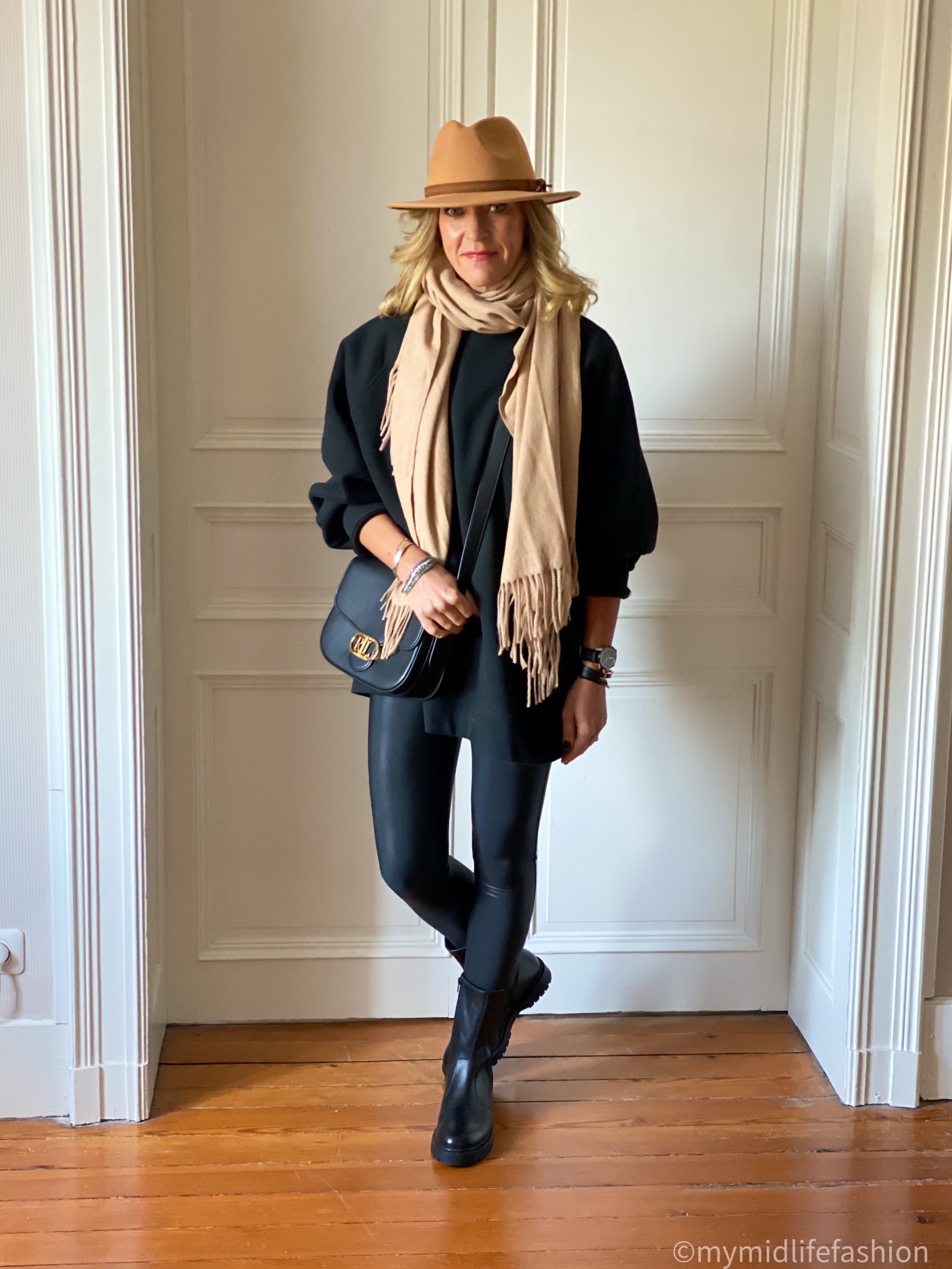 my midlife fashion, amazon felt fedora hat, amazon shawl, Ralph Lauren Addie crossbody bag, raey sweatshirt, spanx faux leather leggings, Geox ankle boots