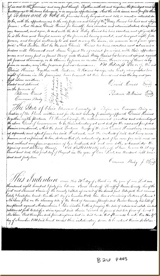 Israel Woodruff conveys land to Samuel Irwin of Warren County, Ohio 1845