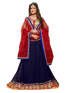  Navy Blue & Maroon Net Lehenga With Brocade Choli