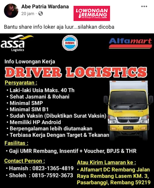 Lowongan Kerja Sopir Driver Assa Logistics Penempatan Gudang Alfamart Pasarbanggi Rembang