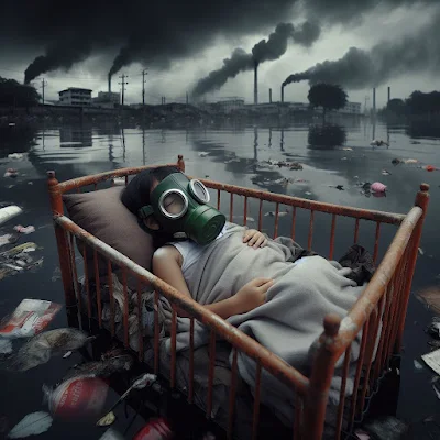 Criança com máscara contra gases, dormindo em um berço que flutua na água repleta de lixo sob um céu escuro, todo enfumaçado. #PraCegoVer #ParaTodosVerem