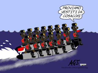 Russiagate, savoini, russia, salvini, lega, rubli, migranti, barchini, satira, vignetta