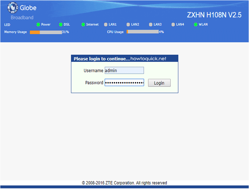 Globe ZTE ZXHN H108N Default Admin Password and Username - HowToQuick.Net