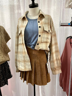 burnt orange pleated skirt with plaid shacket cute outfit ideas for women