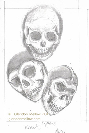 three masks that look like hominid skulls
