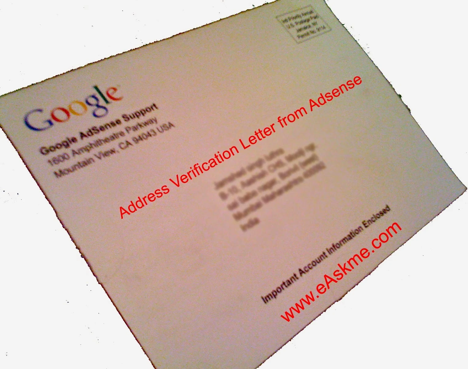 Address Verification Letter from Adsense : eAskme