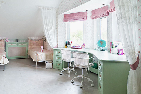 Bright Girls Room Design with Shared Desk