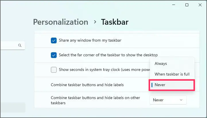 1-windows11-never-combine-taskbar-buttons