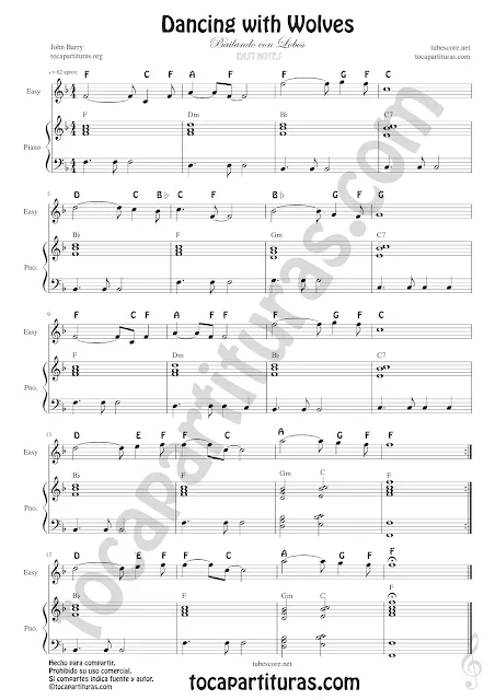 Dancing with Wolves Easy Notes Sheet Music in Treble Clef Flute Trumpet Saxophone Violin Oboe Clarinet