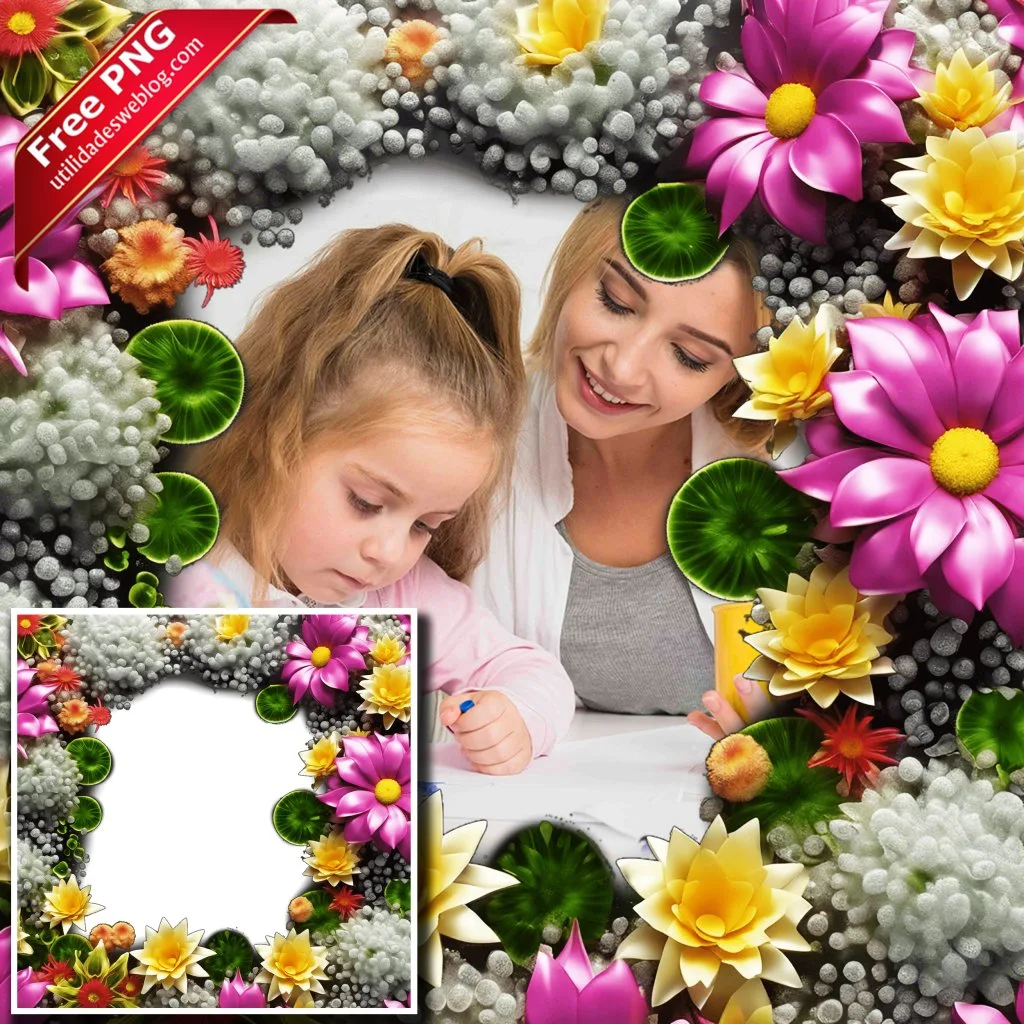 marco para fotos con flores con efecto mojado en png con fondo transparente para descargar gratis