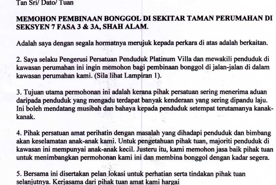 Surat Rayuan Permohonan Rumah Selangorku - Contoh Kop