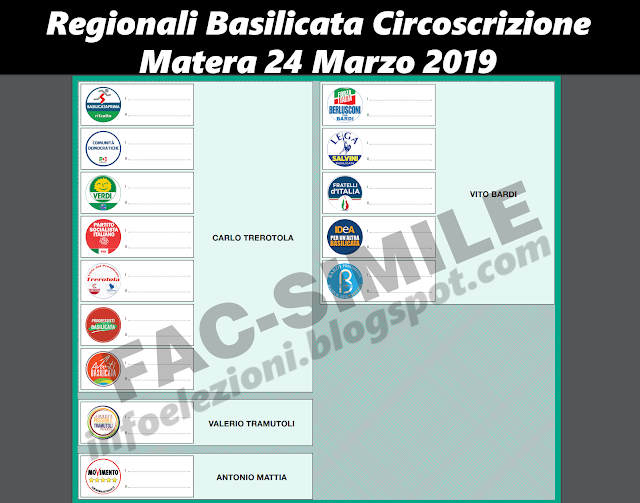 Fac simile scheda elezioni regionali 2019 Basilicata Circoscrizione di Matera