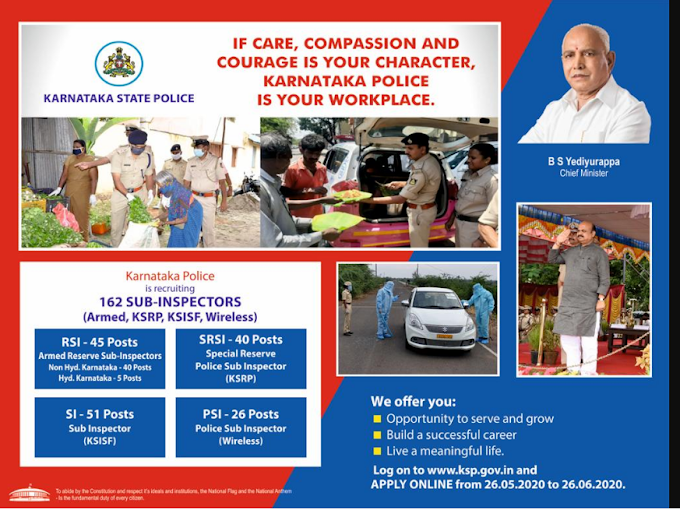 KSP SI Recruitment 2020 Karnataka State Police 162 Sub Inspector (Armed, KSRP, KSISF, Wireless) Online Application form