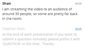 Screenshot from the Blackboard Collaborate chat room showing that 30 people were watching in one location