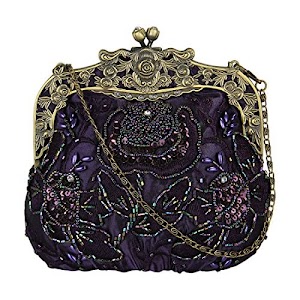 Ecosusi Antique Beaded Rose Evening Purse Clutch Handbag with Removable Chain (Purple)
