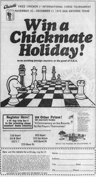 Church's Chicken Chess Tournament ad, from the Austin American-Statesman, Austin, Texas, Saturday, December 02, 1972