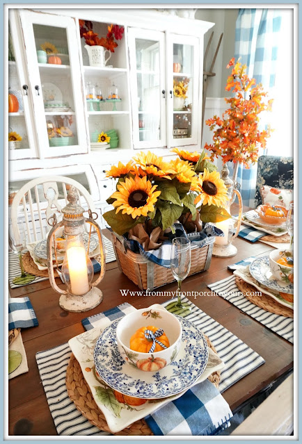 Farmhouse Cottage Style Fall Dining Room-Sunflower Centerpiece-DIY-From My Front Porch To Yours