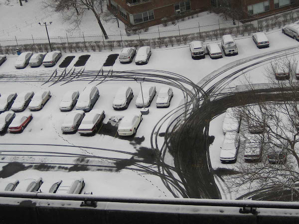 Snow Parking Drawing - Looking down at the Corlears Hook Houses parking lot from the LES end of the Williamsburg Bridge.