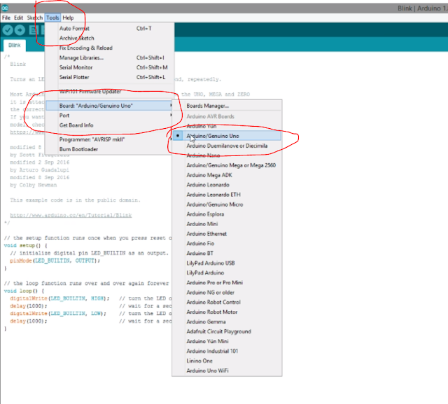 This image shows how to select the board in arduiono ide