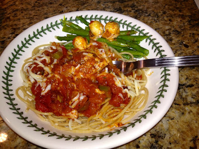 Spaghetti with Marinara Sauce, Mushrooms and Asparagus