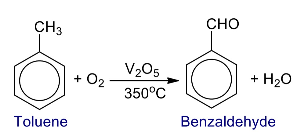 toluene can be oxidized with air as the oxidizing agent in the presence of a vanadium pentoxide (V₂O₅) catalyst at a temperature of 350˚C. This process leads to the formation of benzaldehyde as the main product.