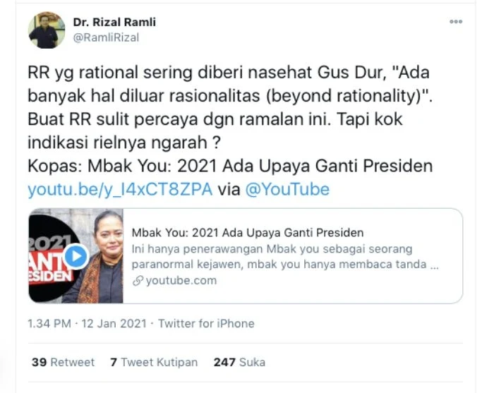 Rizal Ramli Percaya Ramalan Mbak You, Muannas Alaidid: Terhipnotis Bela Dukun Klenik