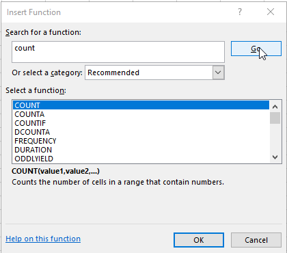 Kotak dialog Insert Function untuk memilih rumus fungsi