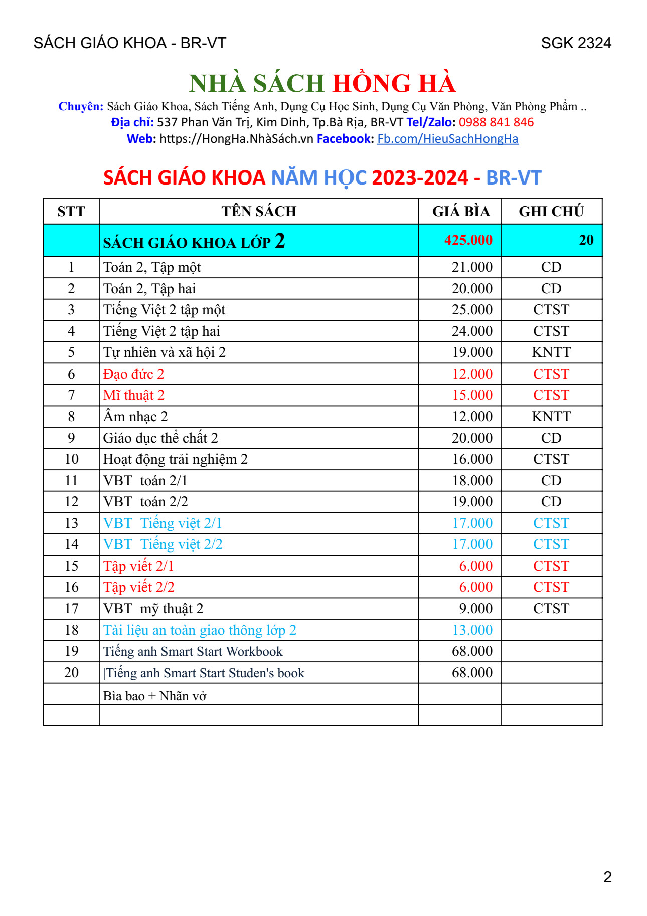 Bộ Sách Giáo Khoa Lớp 2 - Năm Học 2023 - 2024 Tại BR-VT