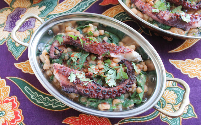 Food Lust People Love: This grilled octopus with spinach and smoky beans will seduce you with the tenderest octopus atop melt-in-your-mouth white beans. Serve as an appetizer or main dish.