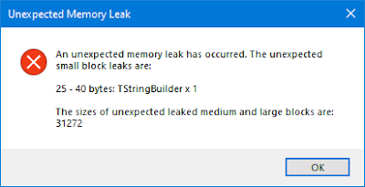 Screen-shot of Delphi's built in "Unexpected Memory Leak" dialogue box