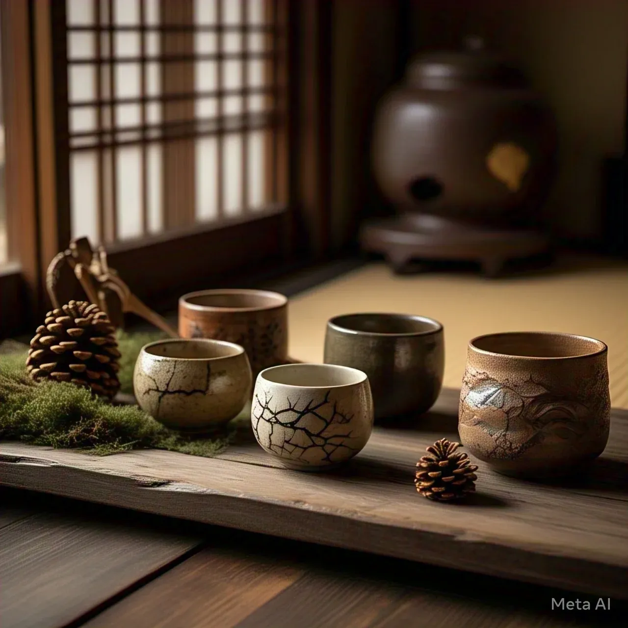 Traditional Japanese tea cups with cracks and imperfections, surrounded by natural elements like pinecones and moss – representing Wabi-Sabi mindset and appreciation for flawed beauty.