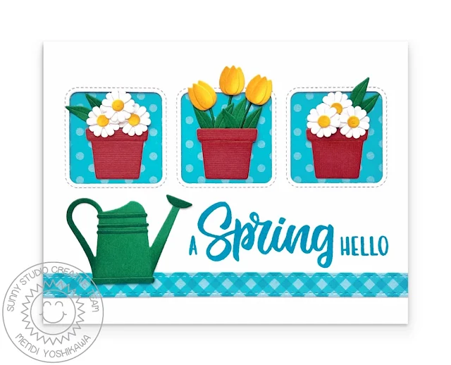 Sunny Studio Stamps Tulip Flowers, Daisies, Flowerpot, & Watering Can Card using Spring Garden & Window Trio Square Dies