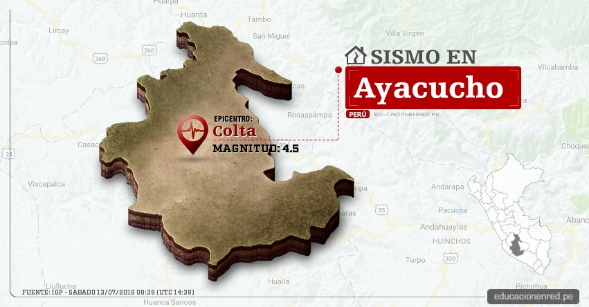 Temblor en Ayacucho de Magnitud 4.5 (Hoy Sábado 13 Julio 2019) Sismo - Epicentro - Colta - Páucar Del Sara Sara - IGP - www.igp.gob.pe
