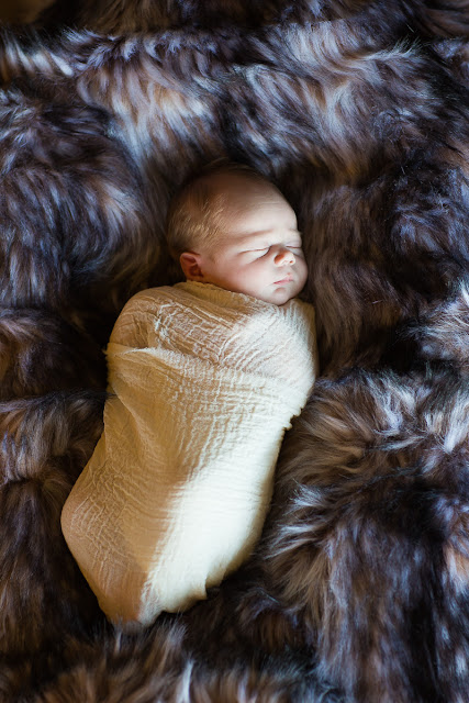 Babies loved to be wrapped, and 3-week old Baby D is no different.  Fast asleep, he rests on top of a beautiful faux fur blanket of blacks, browns and whites.  Taken in my client's home in Oklahoma City, OK.