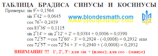 Таблица Брадиса синусы и косинусы. Пример как пользоваться таблицей Брадиса, инструкция. Математика для блондинок.