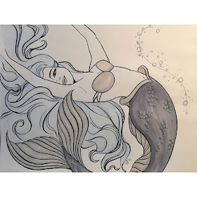 Ink and blue colored pencil drawing of a dreamy beautiful mermaid swimming in loops