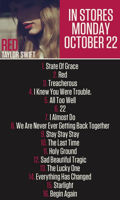 Red Album Track List  Taylor Swift Songs