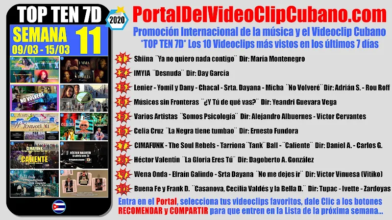 Artistas ganadores del * TOP TEN 7D * con los 10 Videoclips más vistos en la semana 11 (09/03 a 15/03 de 2020) en el Portal Del Vídeo Clip Cubano