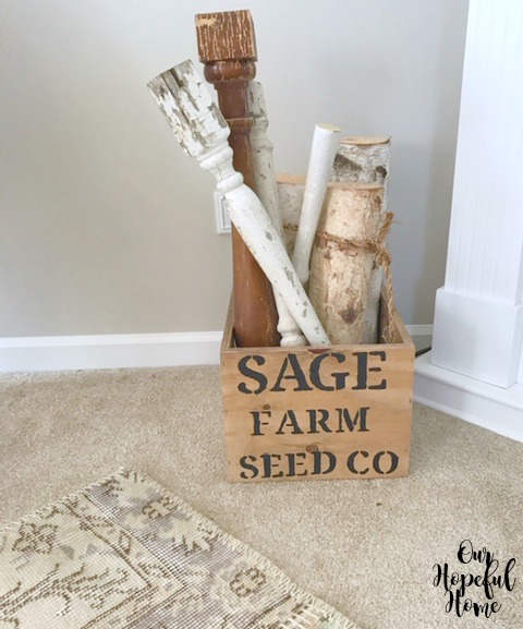 Sage Farm Seed Co. stenciled wooden box spindles white birch logs fall decor