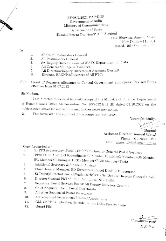 Grant of Dearness Allowance to Central Government employees Revised Rates effective from 01.07.2022