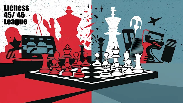 In this striking illustration, an intense chess battle unfolds, where red and white pieces face off on the chessboard amidst dynamic abstract shapes and symbols representing the strategic complexity and rivalry of the Lichess 45/45 League. The contrasting colors and bold lines capture the fierce competition and mental prowess required to excel in this prestigious chess event.
