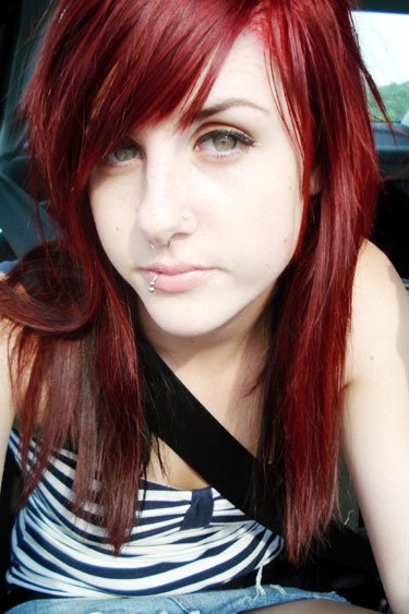 Red emo hairstyle. Popular colors for highlights currently tend to be blue,