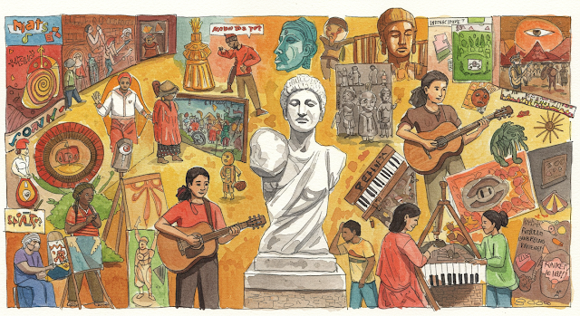 Colagem vibrante de arte diversa (pintura, escultura, música, dança) unida, representando a criatividade como força transformadora e de impacto social