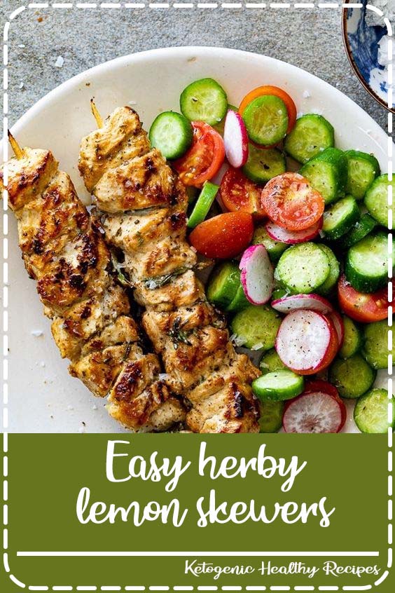 Easy lemon chicken skewers with garlic and herbs are delicious, healthy and fast making them perfect for summer dinners served with simple side dishes. #chickenskewers #grilledchicken