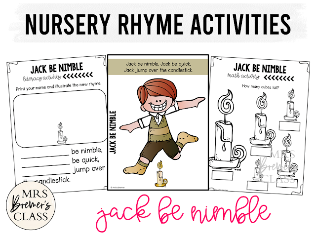 Jack Be Nimble activities unit with literacy printables, math companion activities, and worksheets for Nursery Rhymes in Kindergarten