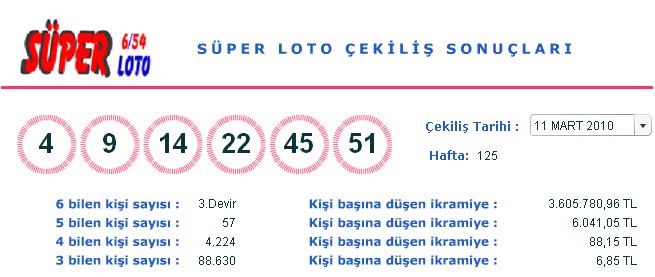 Süper loto sonuçları-süper loto çekilişi (11.03.2010)