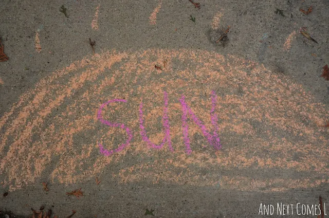 Close up of a sun drawn in chalk as part of an outdoor solar system activity for kids
