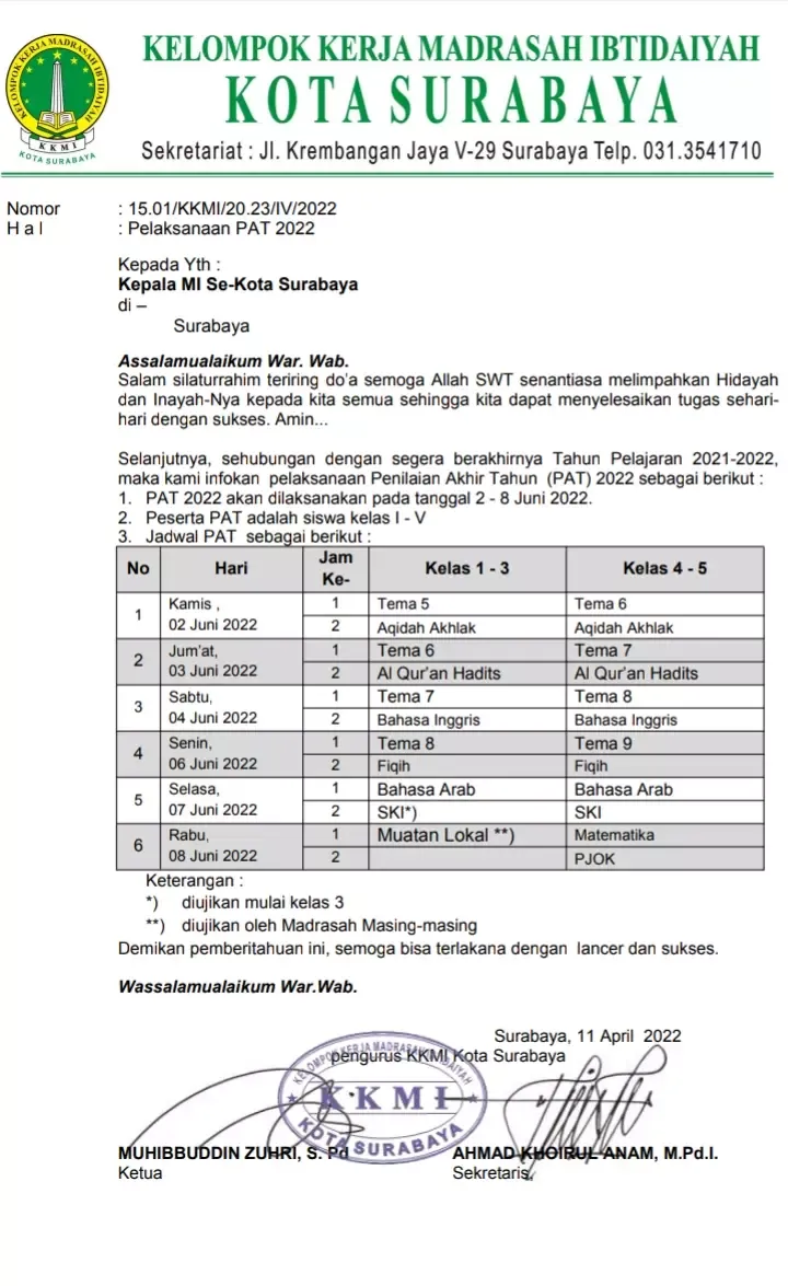 Jadwal Penilaian Akhir Tahun (PAT) 2021-2022 MI AL AMIN