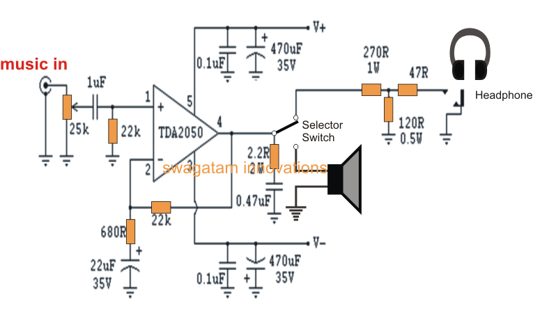 Tda2050 Circuit - Schematic Of Hi Fi Amplifier Using Tda2050 - Tda2050 Circuit