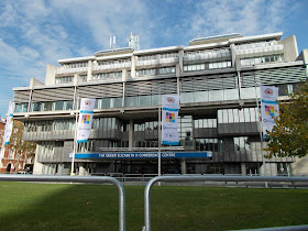 Pic of the outside of QE11 Centre in Westminster with Biometrics 2014 banners